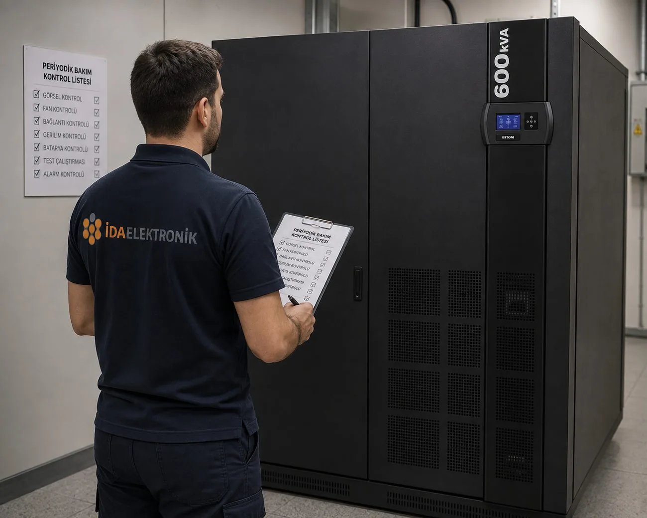 İDA Elektronik teknisyeni periyodik bakım kontrol listesiyle UPS bakımı yaparken